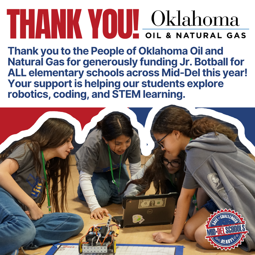Four students on floor, wearing gray shirts. One looking at laptop, others at device. Text: Thank you, Oklahoma Oil & Natural Gas.