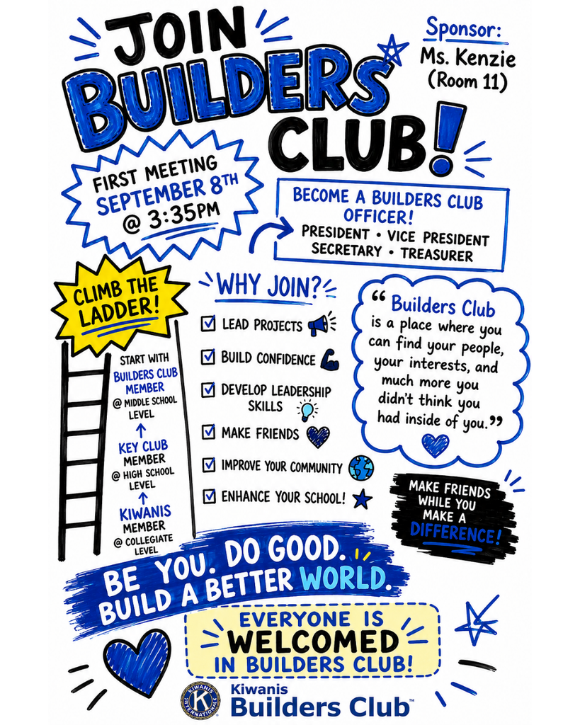 An invitation for a Builders Club meeting on September 8th at 3:35 PM. It highlights benefits and roles.