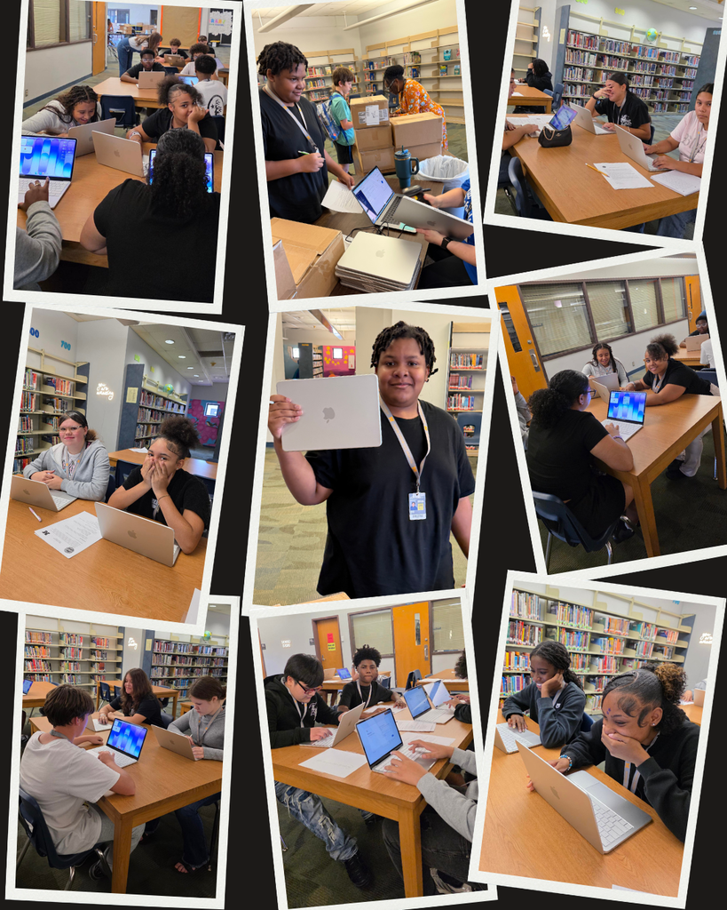 a collage of 6 photos of 8th grade MCMS students logging into their new MacBook Neos for the first time.