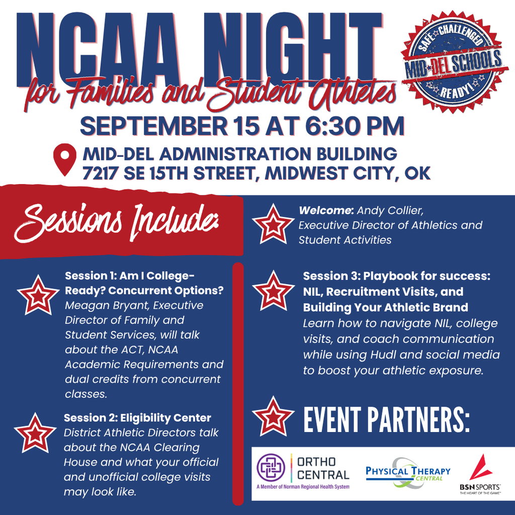 A flyer invites families and student athletes to "NCAA Night" on September 15 at 6:30 PM at Mid-Del Administration Building.