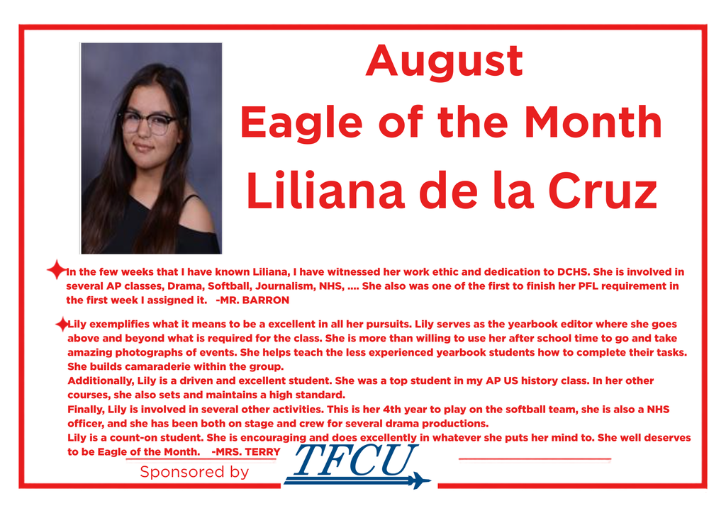 Display featuring a picture of Liliana de la Cruz. Text reads "August Eagle of the Month Liliana de la Cruz." Sponsored by TFCU.