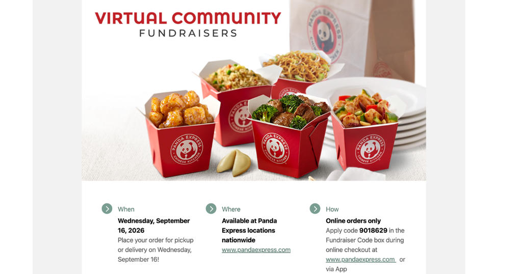 Boxes of Panda Express food on a white surface. Text reads "Virtual Community Fundraisers" and "Where" with information on placing an order.