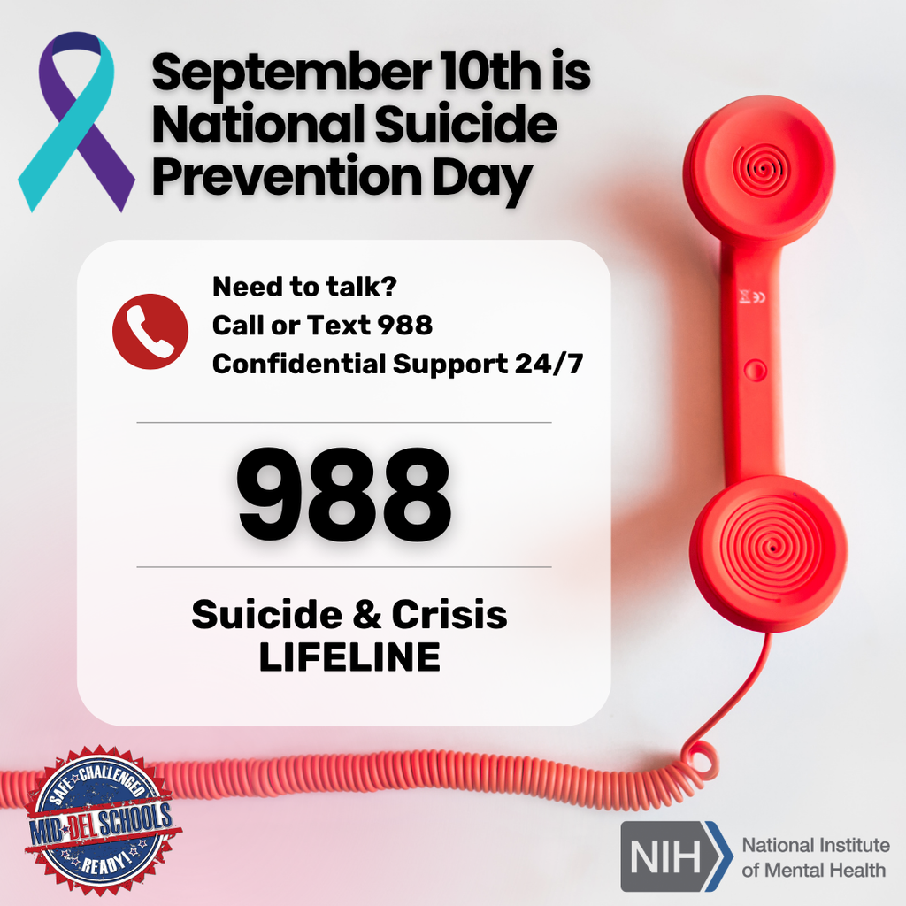 A pink background displays a red phone with a cord. A red ribbon is in the upper left. Text reads "988 Suicide & Crisis Lifeline" and "Confidential Support 24/7".