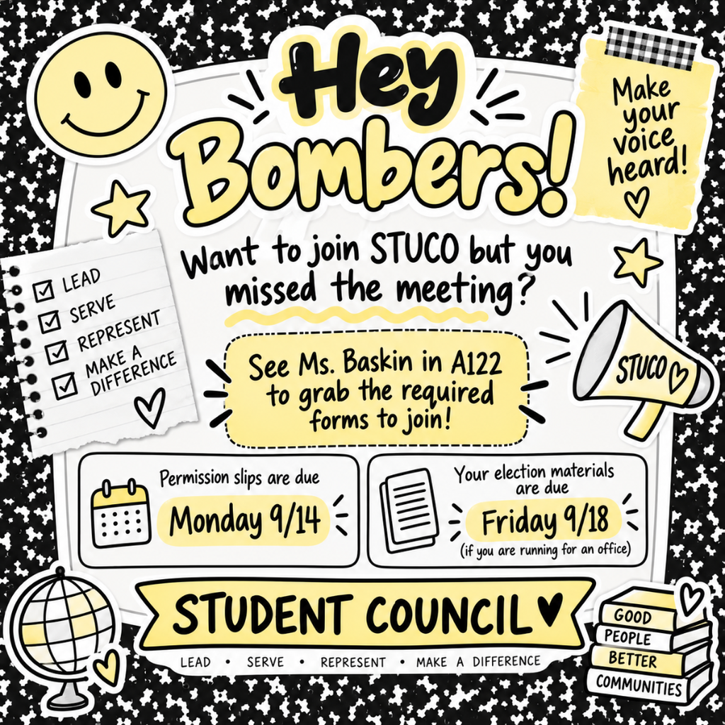 Brightly colored poster with heading "Hey Bombers!" and bullet points listing actions. Below are details about joining STUCO.