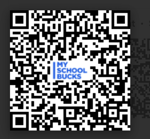 A black-and-white QR code with text "MY SCHOOL BUCKS" in the center on a gray background.