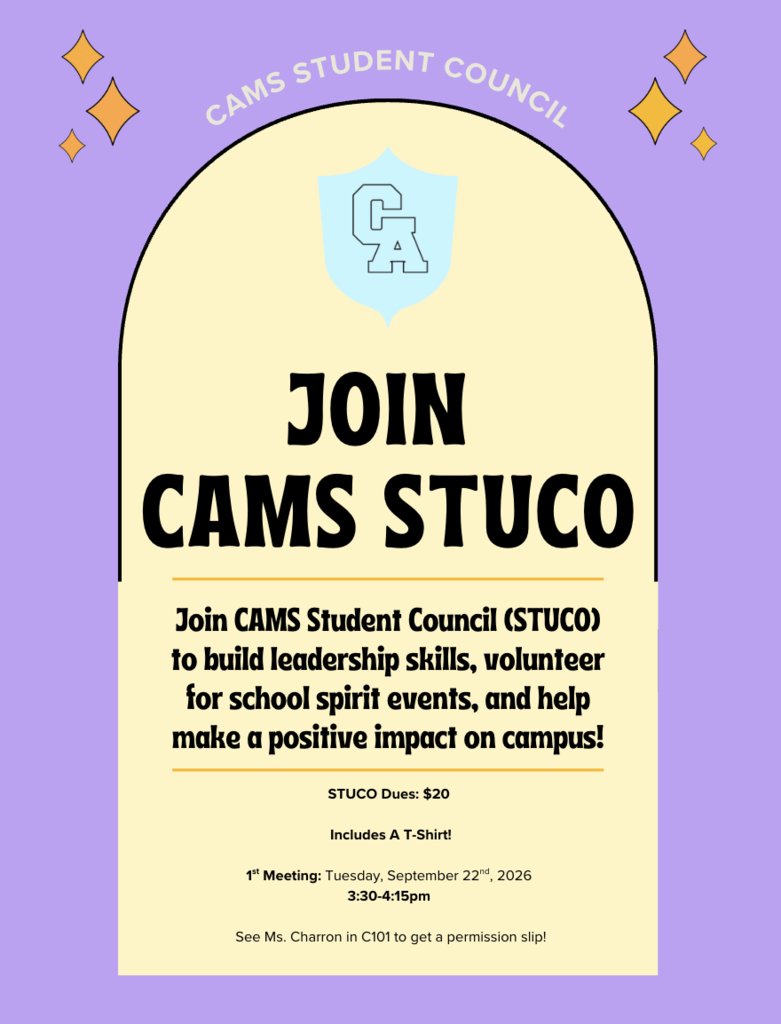 Poster for joining CAMS STUCO to build skills, volunteer, and make a positive impact on campus.