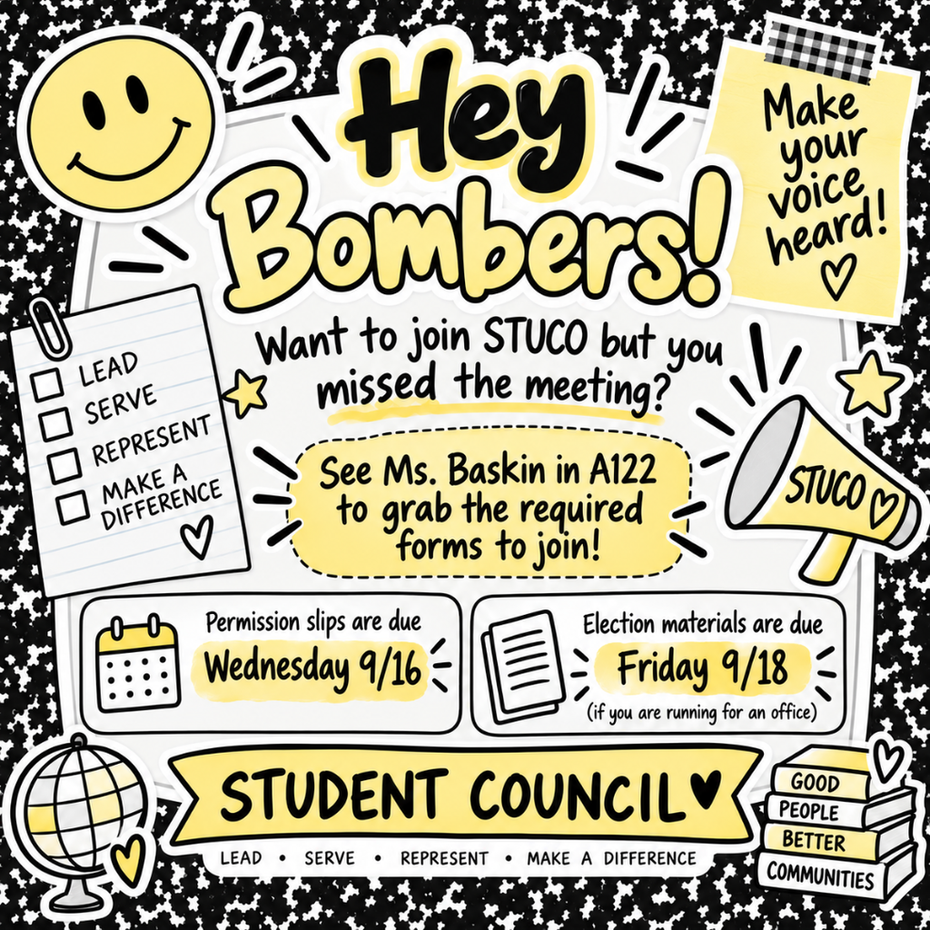 A poster with a black and white background advertises STUCO. Icons include a megaphone, calendar, and books.