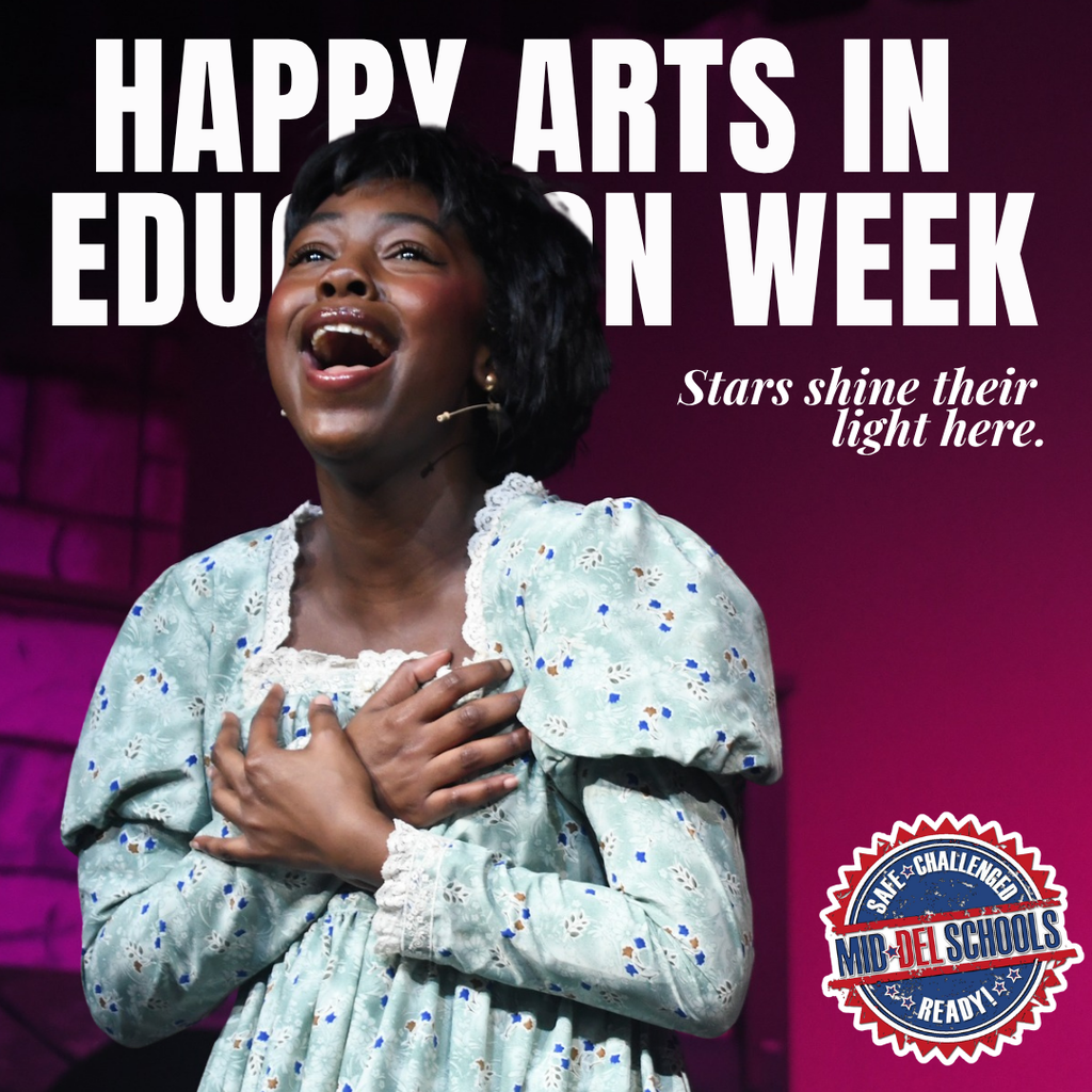 A person in a blue dress singing with an open mouth on a purple background. Text reads "Happy Arts in Education Week".