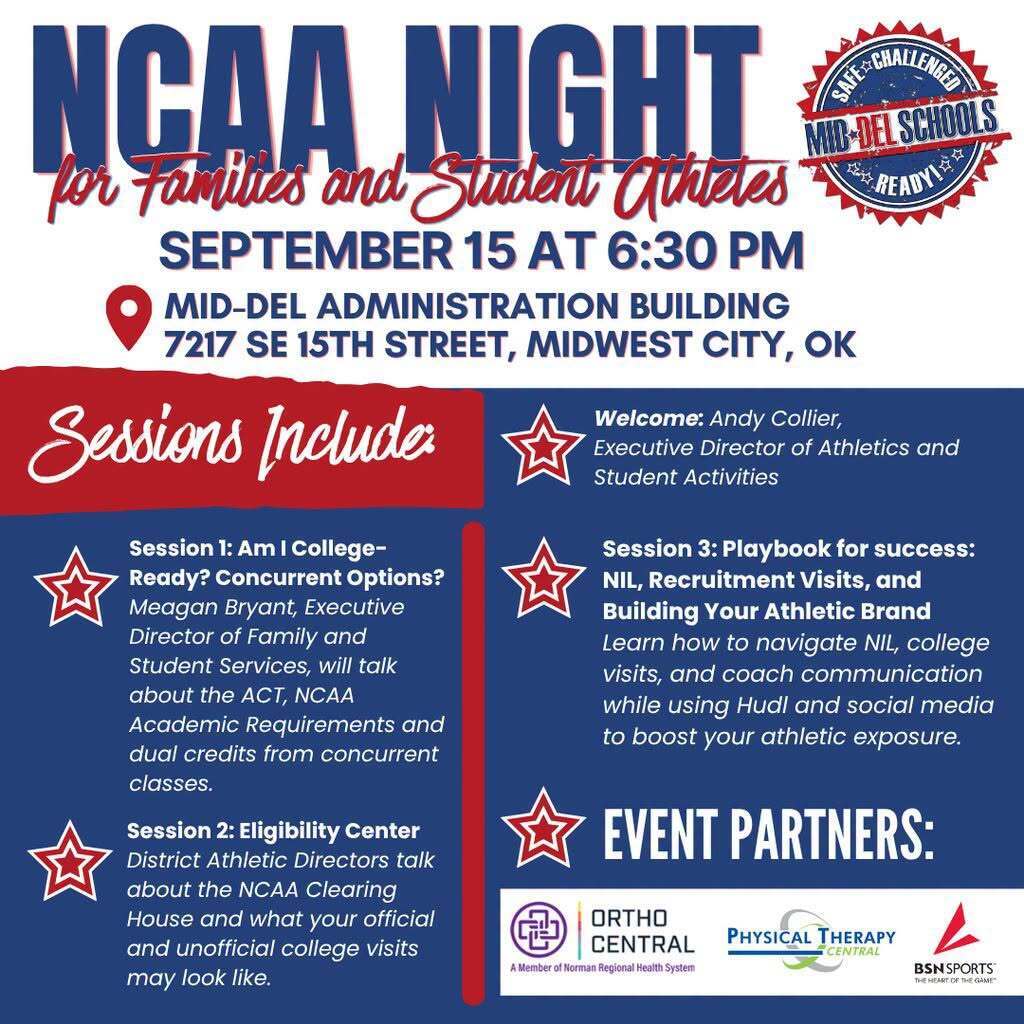 Event poster for "NCAA Night" on September 15, 6:30 PM at Mid-Del Administration Building, 7217 15th Street, Midwest City, OK.