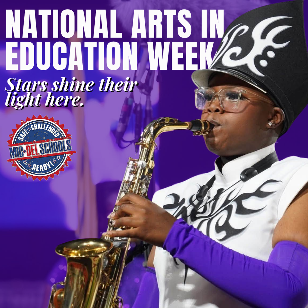 Person playing saxophone with white text overlay on purple background. Text reads "National Arts in Education Week".
