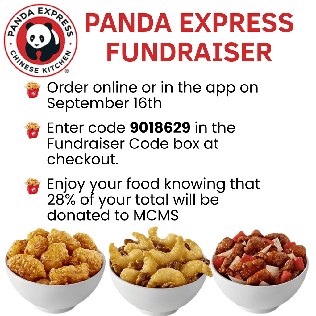 A flyer with Panda Express logo shows three bowls of food. Text reads: "Order online or in the app on September 16th. Enter code 9018629 in the Fundraiser Code box at checkout."