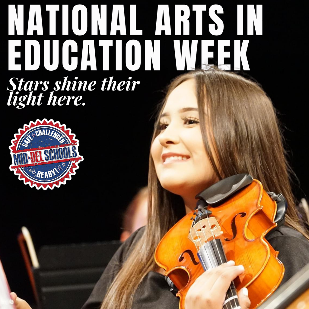 A girl smiling, holding a violin, during National Arts in Education Week. Background text highlights the event.