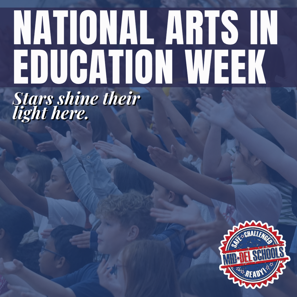 Group of students with hands raised. Text reads "National Arts in Education Week. Stars shine their light here."