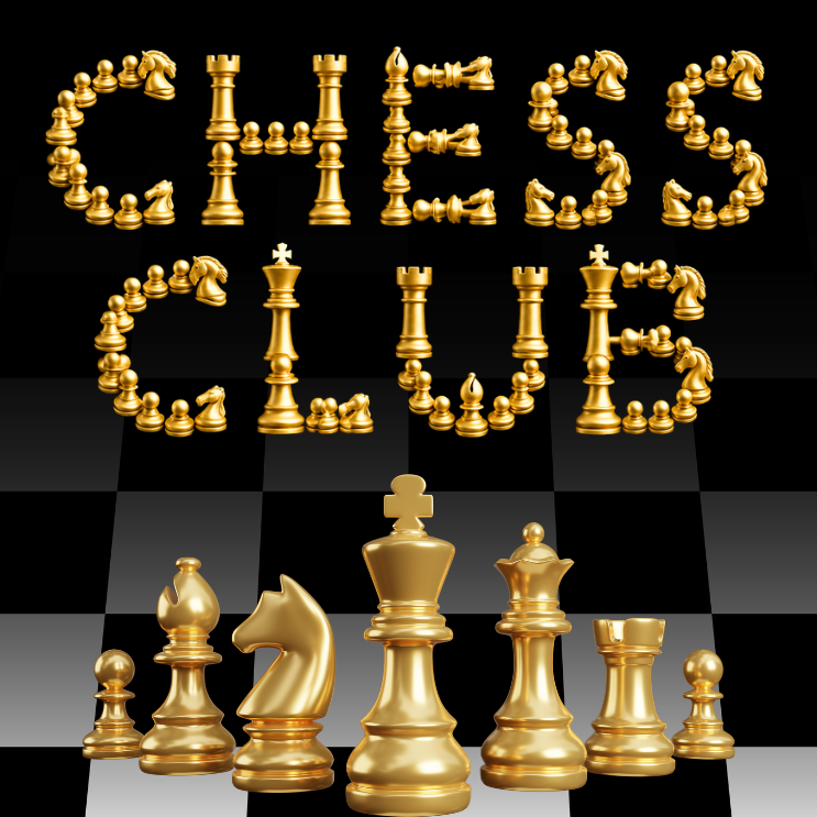 Golden chess pieces arranged on a black and white chessboard. "CHESS CLUB" in gold letters.