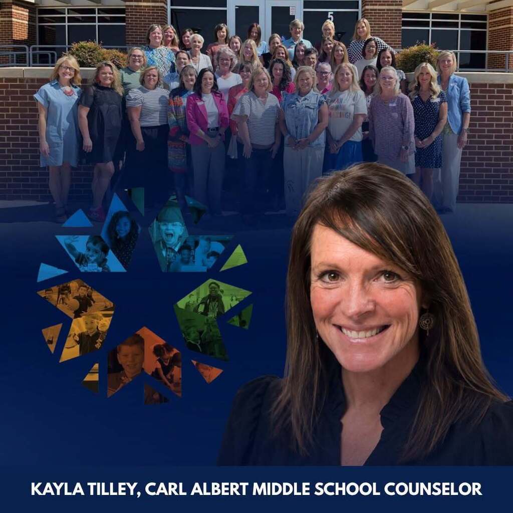 Group photo of staff at Carl Albert Middle School. A woman in front is identified as Kayla Tilley, counselor.