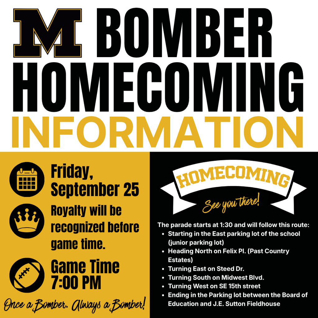 Poster with "M Bomber Homecoming Information" in bold black. Text includes details like date, time, and parade route.