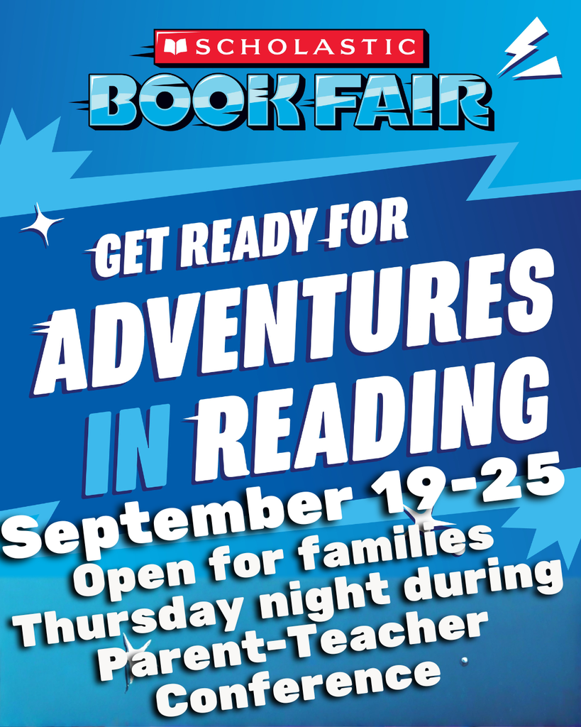 A blue poster with white text reads "Get ready for adventures in reading" with dates "September 19-25" below. It's open for families during a parent-teacher conference.