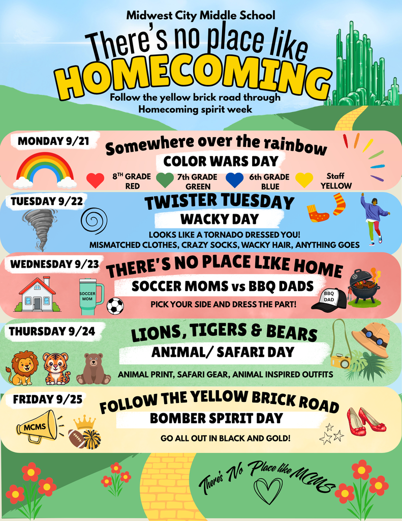 A promotional poster with vibrant graphics lists days of Homecoming Spirit Week. Each day has a theme and activities.