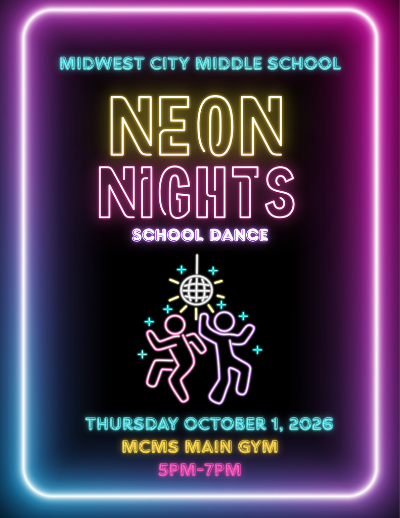 Neon-lit event poster. "NEoN NIGhTS" and "SCHOOL DANCE" text. Two people dancing, disco ball, stars, and beams. Date and time: Thursday, October 1, 2026, 5pm-7pm.