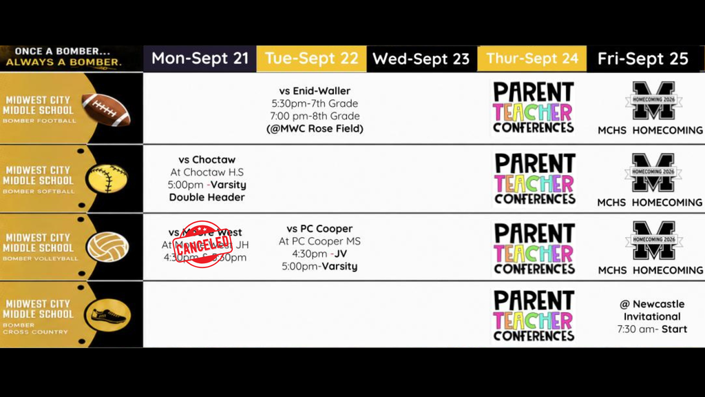 A schedule displays various dates and times for events. It shows parent-teacher conferences and home games.