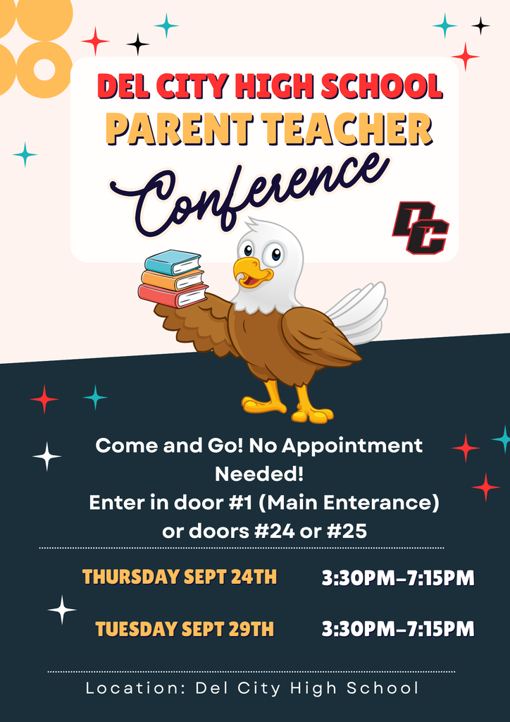 Event flyer for a parent-teacher conference at Del City High School. It includes dates, times, and entry information.