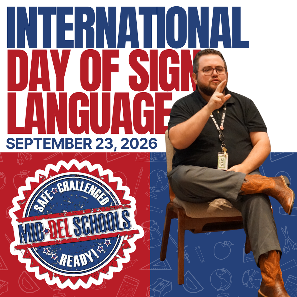 Person seated in a chair with legs crossed, wearing glasses. Text reads "INTERNATIONAL DAY OF SIGN LANGUAGE SEPTEMBER 23, 2026" and "SAFE CHALLENGED MID-DEL SCHOOLS READY"