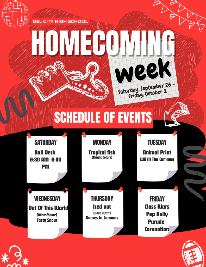 A poster shows the "Homecoming Week Schedule of Events" with dates and activities for Saturday to Friday.