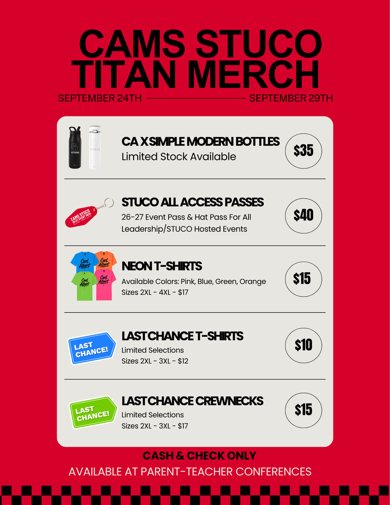 Red poster advertising Titan merchandise. Features three types of merchandise, including CA Simple Modern Bottles, STUCO All Access Passes, and T-shirts, along with prices and sizes.
