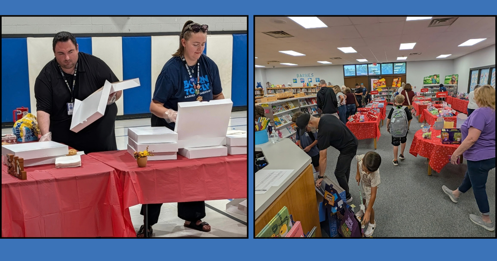 Two photos show adults and children in a library. In one, two adults are behind a table with books. In the other, a child looks at a book.