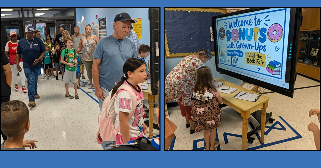 Two photos of a classroom event. One shows children and adults in line. Another shows a screen, a table, and a child writing.