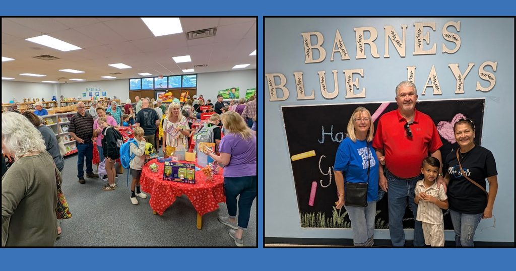 Two images: one of a crowded room with people near tables, and another of a family posing by a chalkboard.
