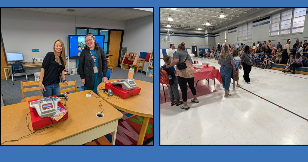 Two photos: One shows two adults standing at a table. The other shows many people walking in a gymnasium.