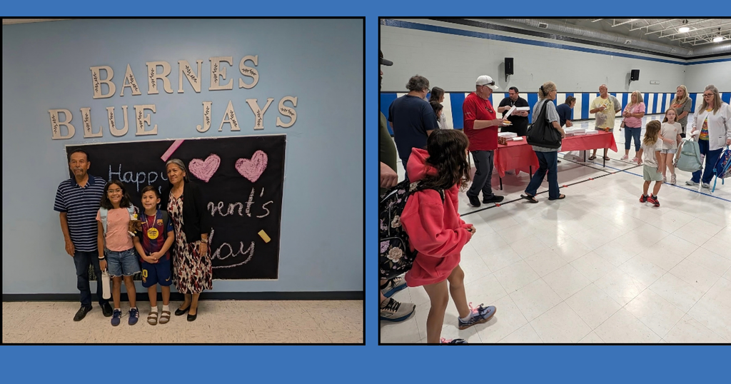 Two photos: One of a family in front of a sign, another of people standing in a room.