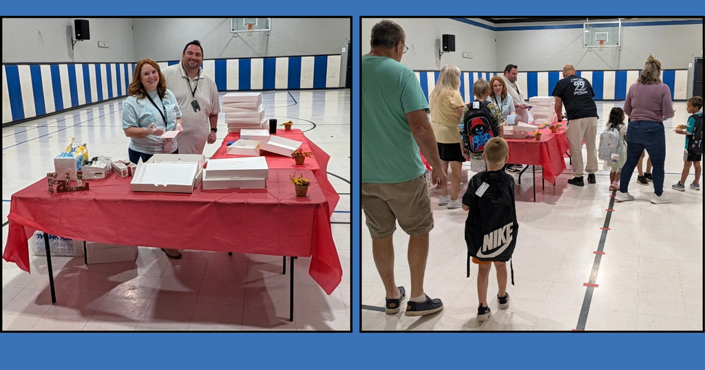 Two images of a gymnasium with tables and people. One table displays boxes and items. A young boy walks behind a table.