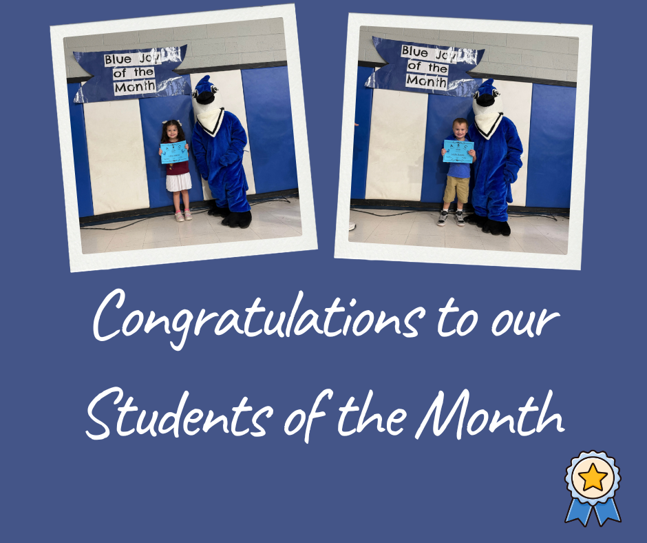 Two photos show children holding certificates standing next to the Bluejay mascot.