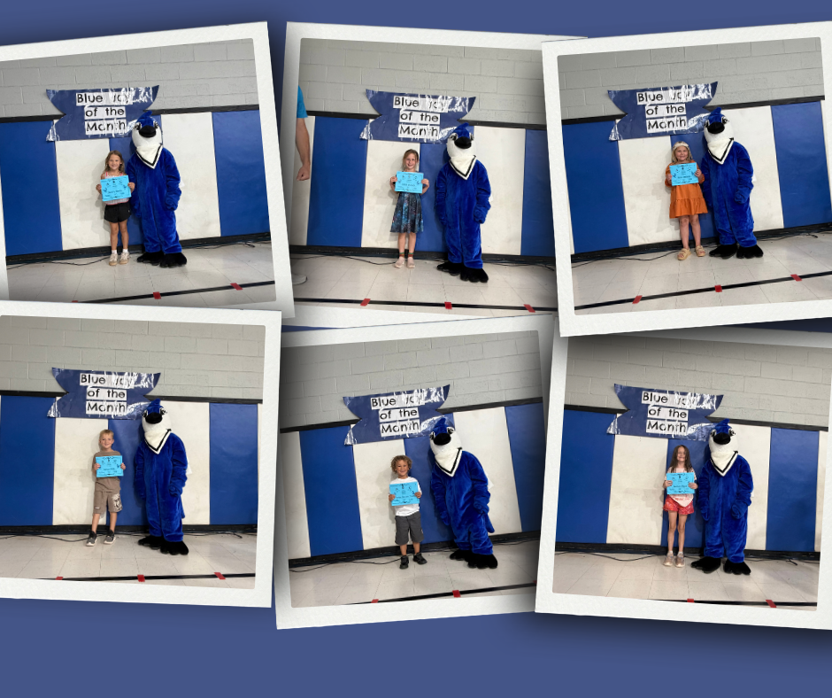 Six photos show children holding certificates standing next to the Bluejay mascot.