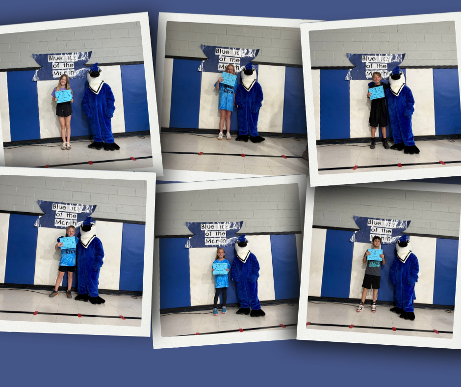 Six photos show children holding certificates standing next to the Bluejay mascot.