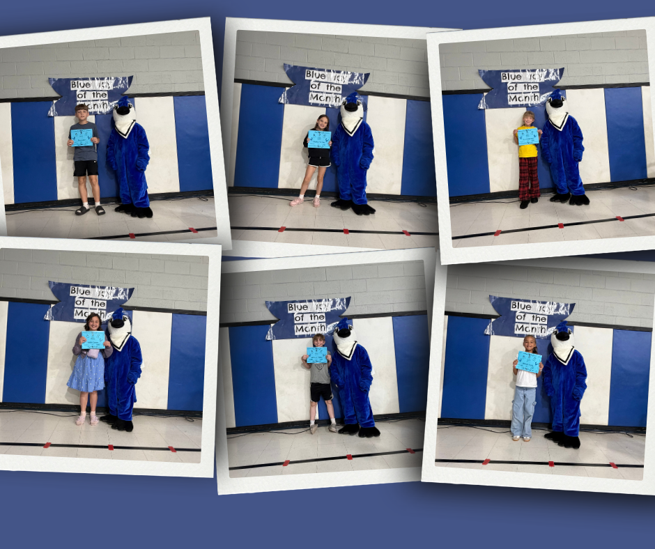 Six photos show children holding certificates standing next to the Bluejay mascot.