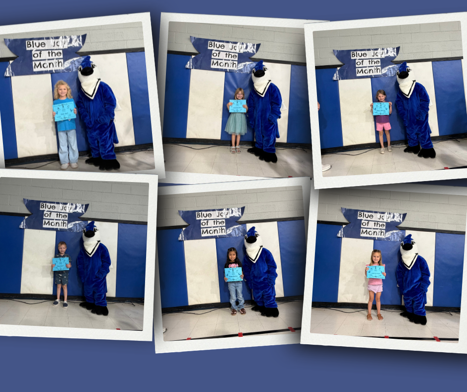 Six photos show children holding certificates standing next to the Bluejay mascot.