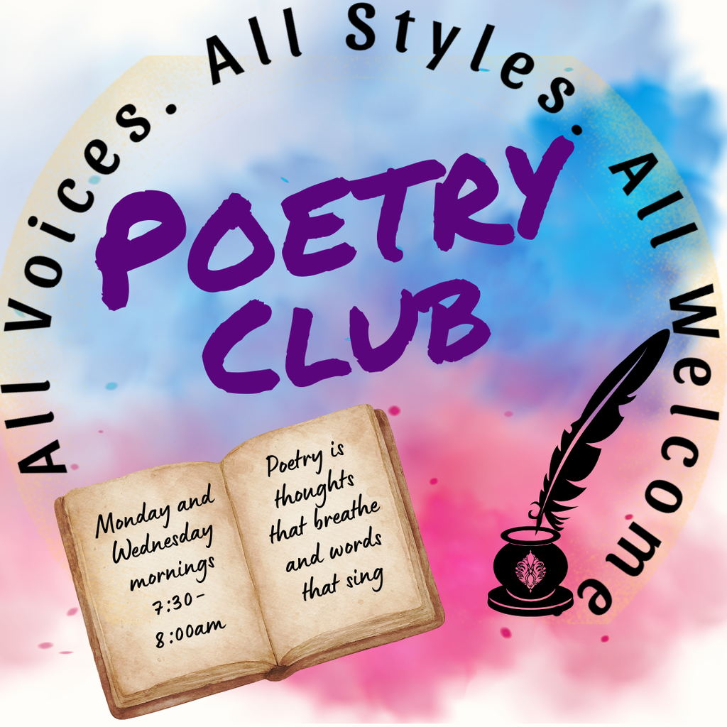 Circular design with "POETRY CLUB" text. An open book, quill pen, and inkwell on a colorful background.
