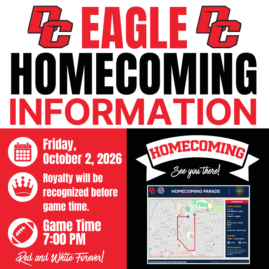 Poster with red, black, and white colors. It reads "Homecoming Information" and includes date, time, and map.