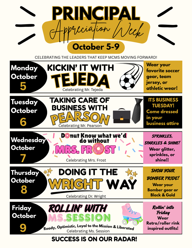  Principal Appreciation Week dress up days from October 5-9. 
