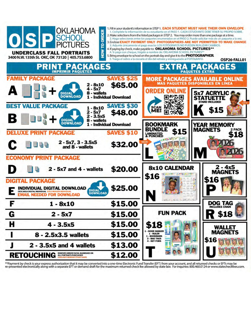 A page displays various package options for school portraits with labels A through U and additional items like bookmarks, magnets, and calendars.