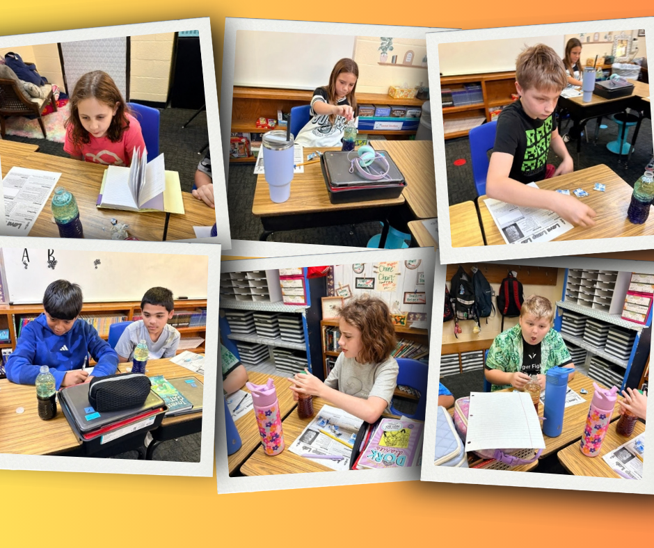 Multiple photos show students in a classroom doing experiments with liquids in cups. Desks and shelves in the background.