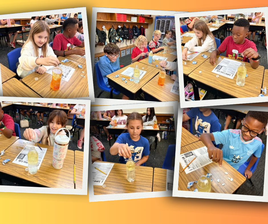 Multiple photos show students in a classroom doing experiments with liquids in cups. Desks and shelves in the background.