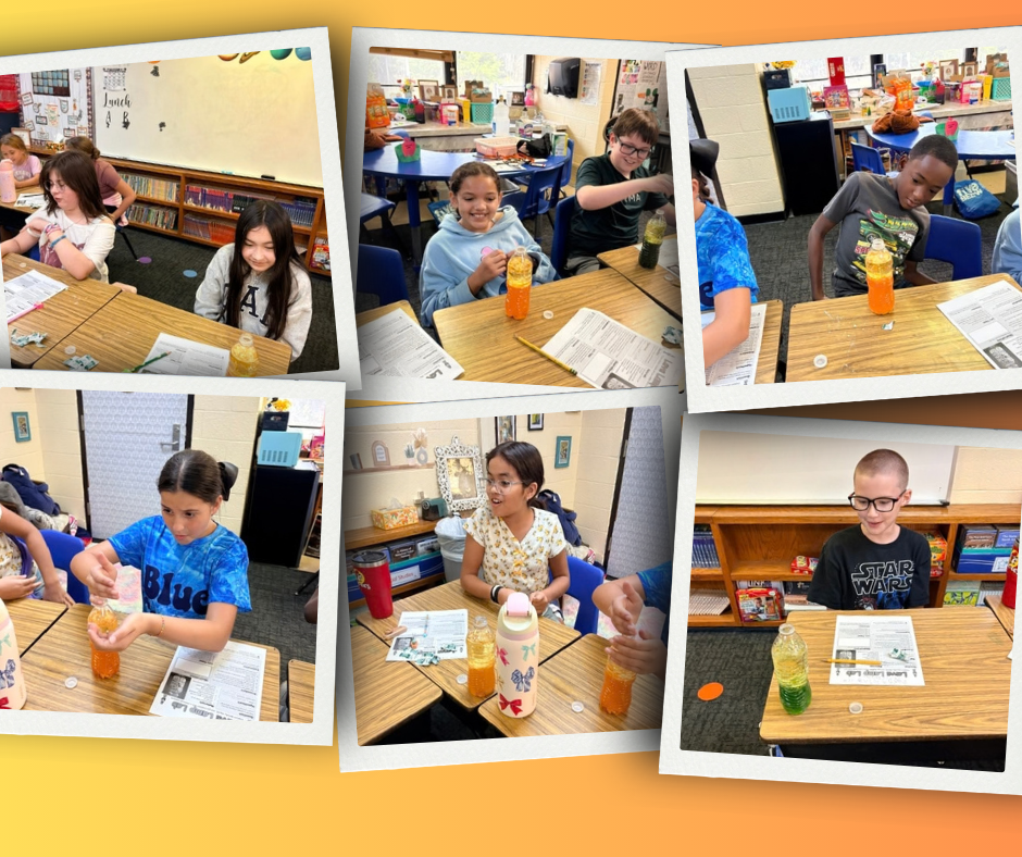 Multiple photos show students in a classroom doing experiments with liquids in cups. Desks and shelves in the background.