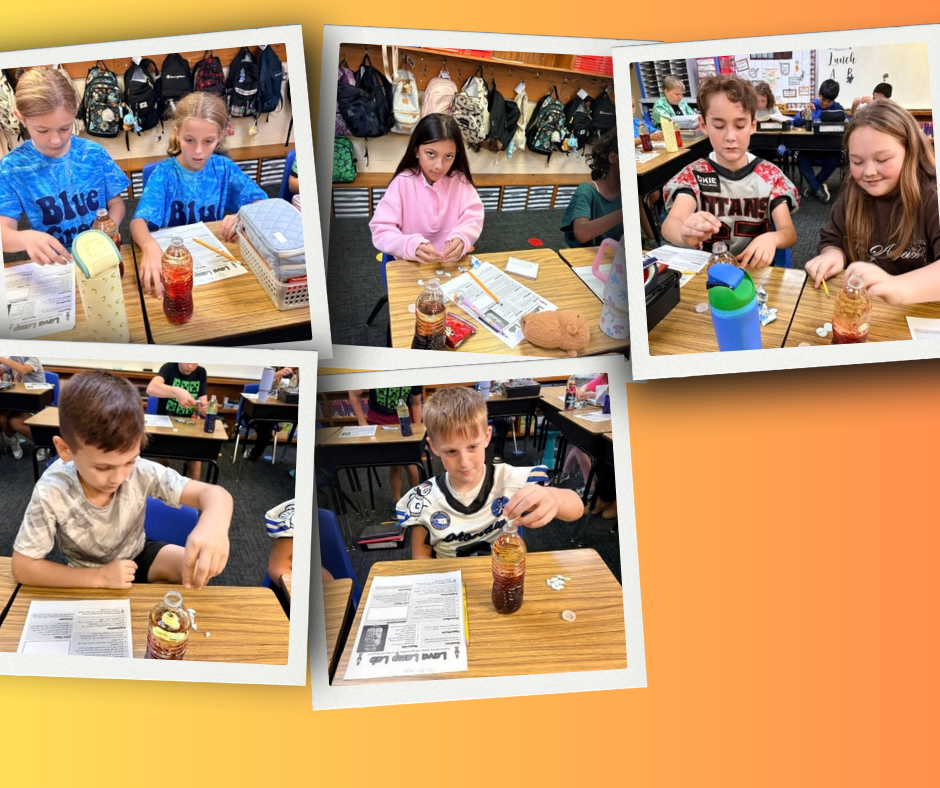 Multiple photos show students in a classroom doing experiments with liquids in cups. Desks and shelves in the background.