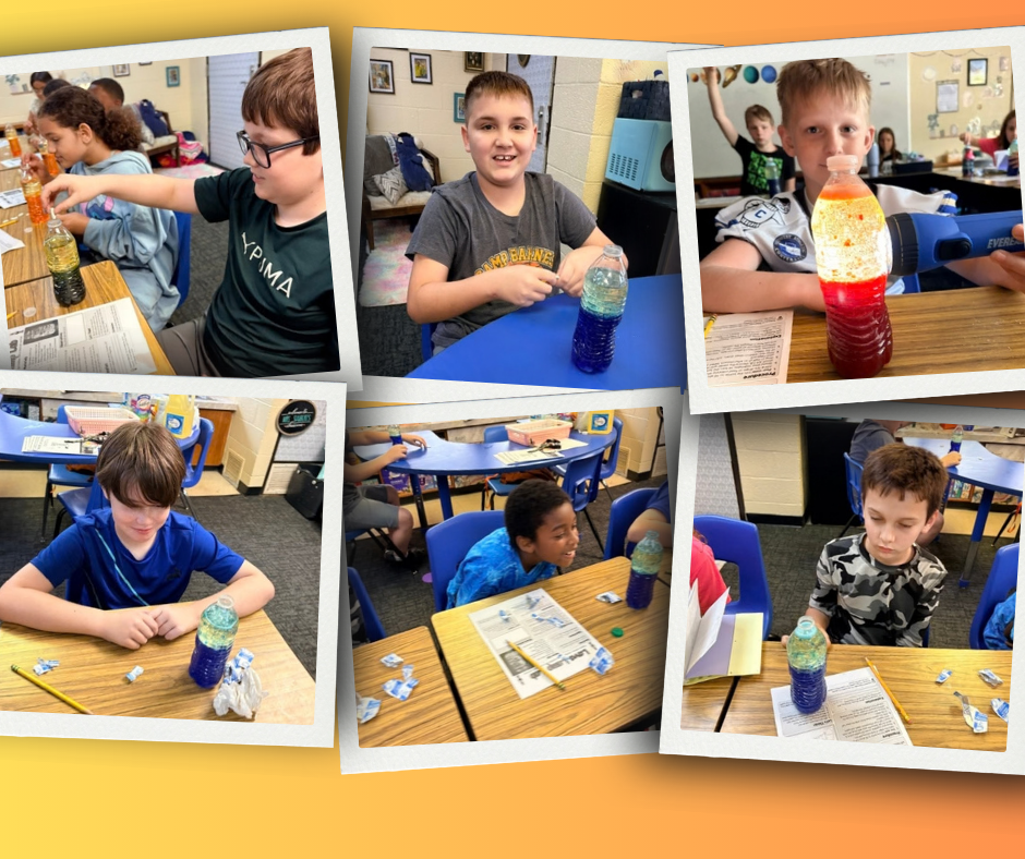 Multiple photos show students in a classroom doing experiments with liquids in cups. Desks and shelves in the background.