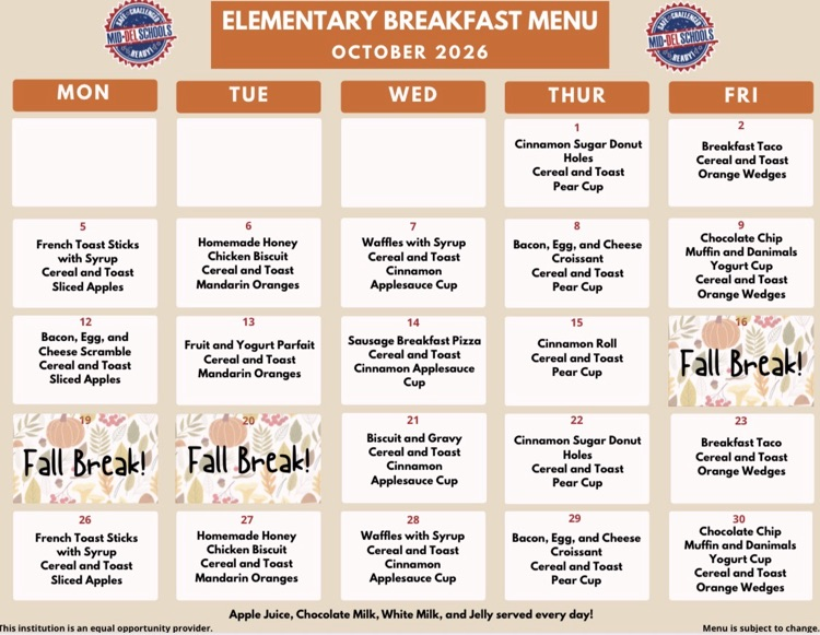 Oct. Lunch Menus