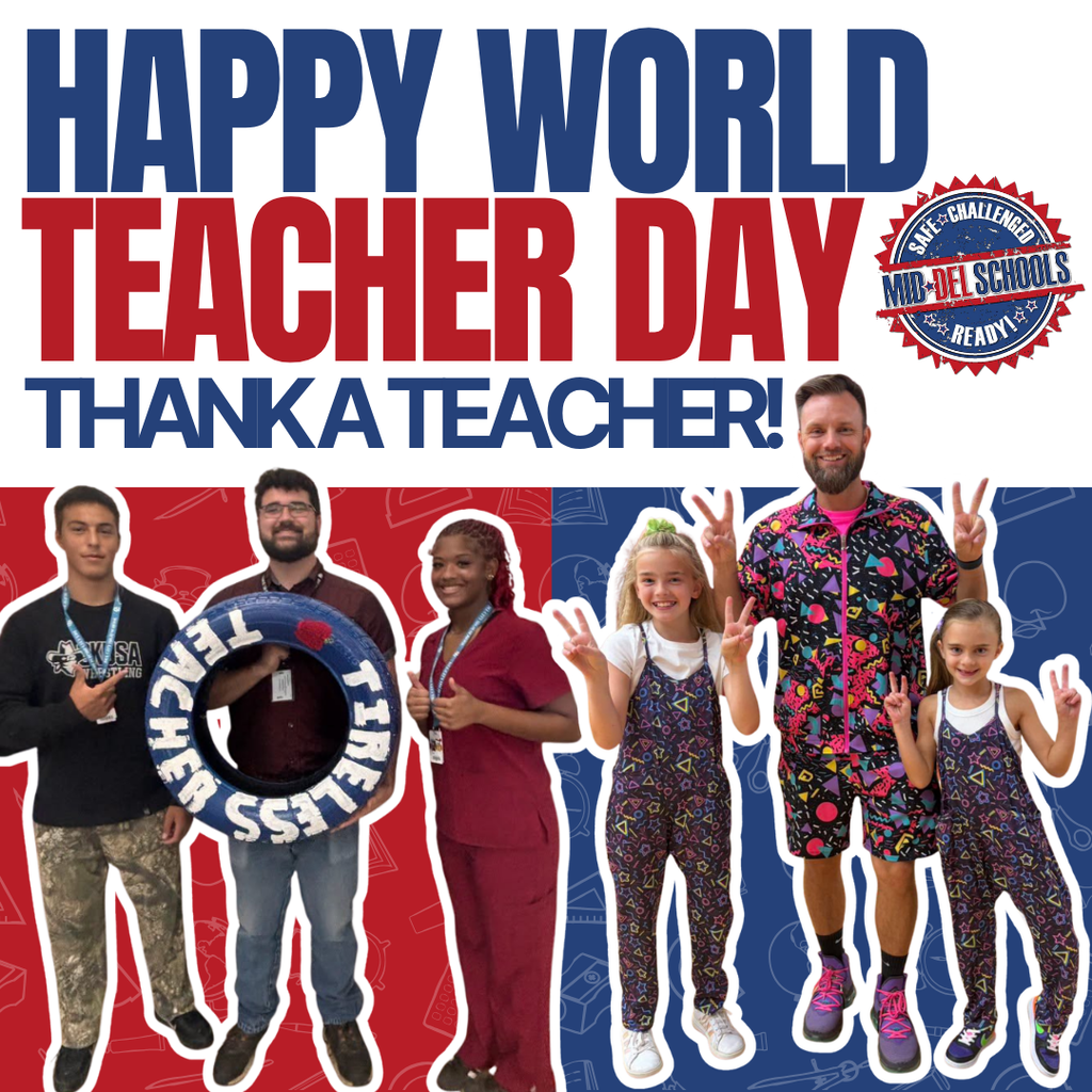 A poster featuring adults and children, with one adult holding a lifebuoy. It reads "Happy World Teacher Day, Thank a Teacher!"